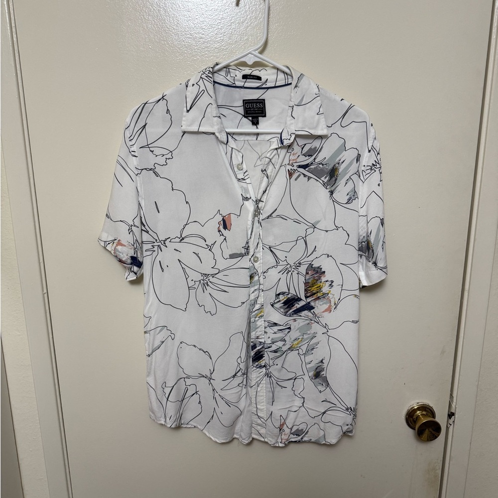 Guess Casual Button Down Shirt White Black Floral